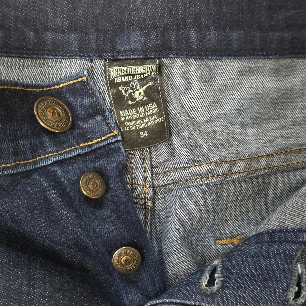 True Religion Jeans Mens 34 Blue Straight Leg Button Fly Made in USA